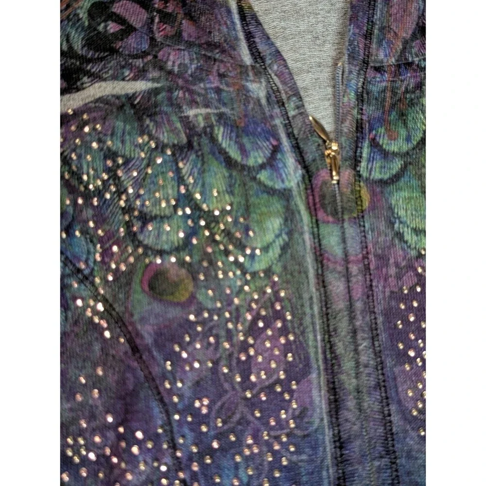 Live and Let Live Peacock Print Rhinestone Zip Up Hoodie Jacket Boho Large - Picture 6 of 14